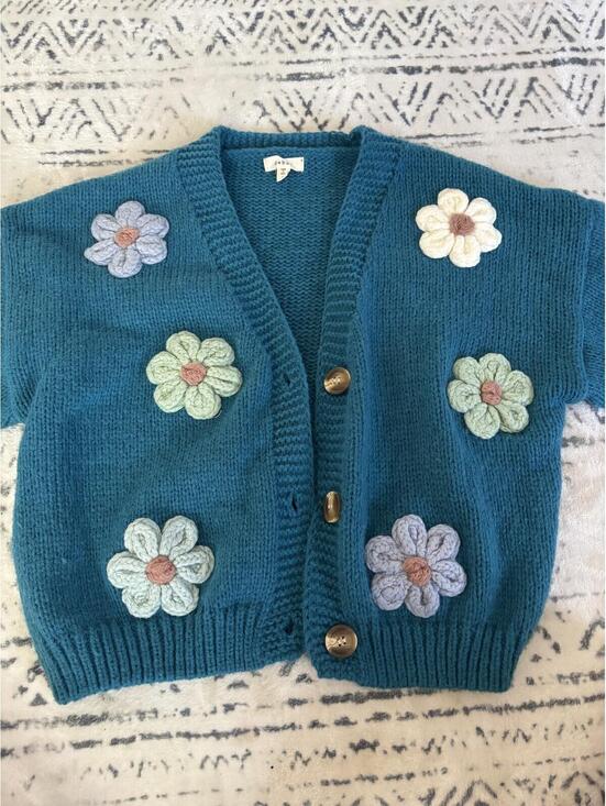 Debut Sweaters - Debut Blue Knit Flower Appliqué Button Front Cardigan Size S